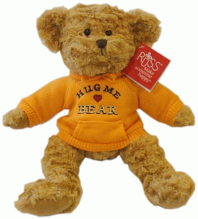 Genuine Russ Teddy Bears with embroidered hearts or stars and your personal message on its custom hoodie or sweater